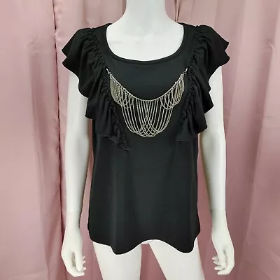 RQT Women's Black Ruffle Flutter Short Sleeve Shirt W/ Silver Chain Top Large • $16