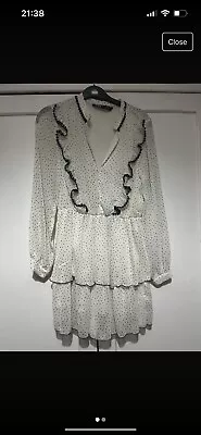 Zara Black And White Polka Dot Long Sleeved Ruffled Dress Size Small • £8
