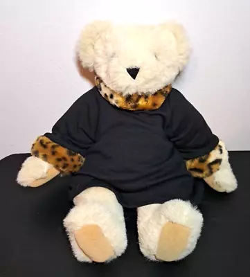 VERMONT TEDDY BEAR 16  Tan Jointed Bear Black & Leopard Trim Dress Gift USA-made • $22