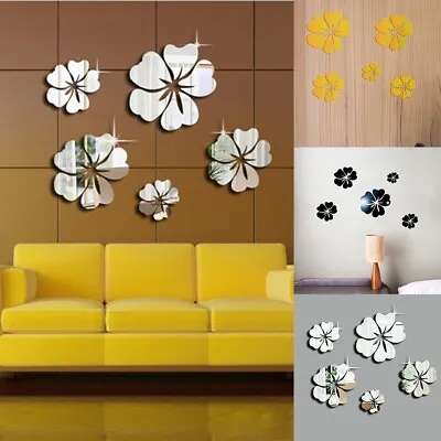 5 Pcs 3D-Mirror Tile Wall Sticker Flower Self-Adhesive Room Decor Stick-On Art • £5.36