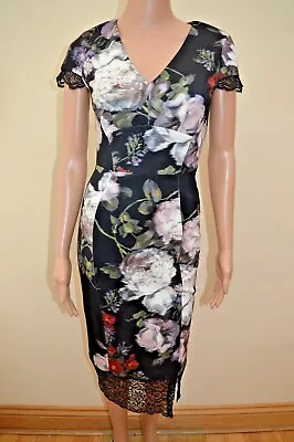 New M&S Collection Floral Black Mix Scuba Lace Hem Bodycon Dress Sz UK 6 • £15