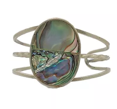 Vintage Mexico Silver Tone Abalone Mother Of Pearl Cuff Bracelet SIZE 7 INCHES • $25