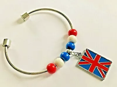  Union Jack Flag Charm & Beads On Silver Colour Stainless Steel Torque Bracelet • £2.99