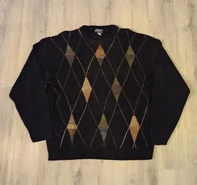 Vintage Sweater Mens Large Black Argyle Lightweight Pullover Grandpa Sweater 90s • $19.95