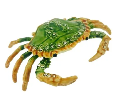 Crab Trinket Box Green Shell Hinged Jeweled Enamel NIB - Beautiful • $27.20
