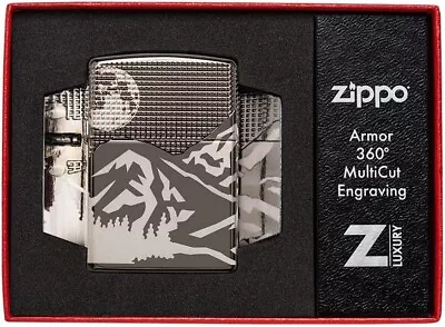 Zippo ARMOR Lighter MOUNTAIN DESIGN Laser 360° Black Ice NEW IN BOX FREE POST • £139.40