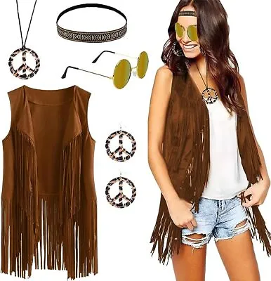 60s 70s Women Girls Hippie Costume Brown Fringe Vest Fancy Dress Accessories Set • $28.98