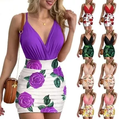 $16.14 • Buy Women Strappy V Neck Mini Dress Summer Sexy Beach Club Party Bodycon Sundress