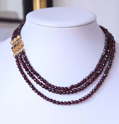 Vintage Bohemian 3 Row Garnet Necklace Collier Dutch  14k Gold Clasp • $500