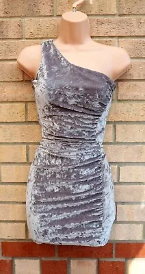 £24.99 • Buy Lipsy Silver Grey Crushed Velvet Party One Shoulder Ruched Bodycon Mini Dress 6