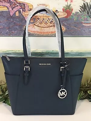 Michael Kors Charlotte Medium Large Tote Shoulder Bag Navy Blue Leather Silver • $114.99