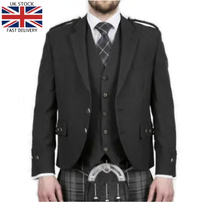 £79.99 • Buy Scottish Argyle Kilt Jacket & Vest  Charcoal Grey Men Wedding Jacket UK Stock