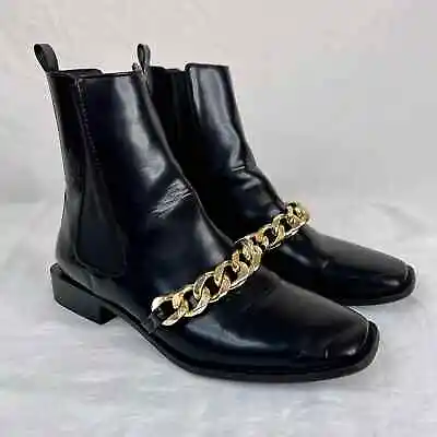 $35 • Buy Zara Gold Chain Chelsea Ankle Boot Womens EU 39 Black Foux Leather Square Toe