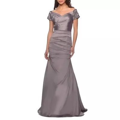 LA FEMME Off The Shoulder Beaded Silver Satin Trumpet Gown Size 14 • $199