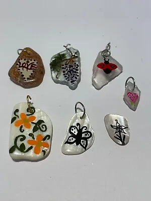 Lot Of 7 Hand Painted Necklace Pendants 4 Beach Glass 3 Shells From Lake Erie • $5.99