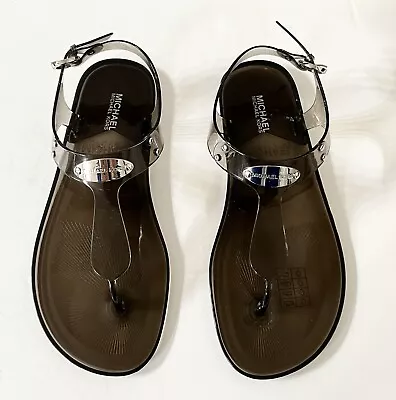 Women Michael Kors MK Plate Jelly Flat Buckle Up Sandals PVC Smoke • $44.49