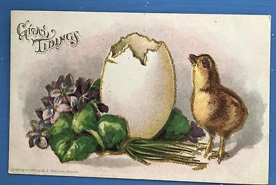 Easter Tidings Postcard ~ Cracked Egg ~ New Chick ~ Violets ~ Glitter Outline • $0.99