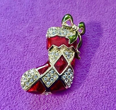 Vintage Gold Tone MONET Rhinestone Enamel Christmas Stocking Brooch Pin • $39