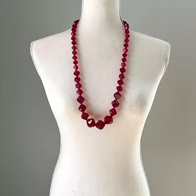 Vintage Long Bohemian Garnet Red Faceted Acrylic Graduated Beaded Necklace • $14.65