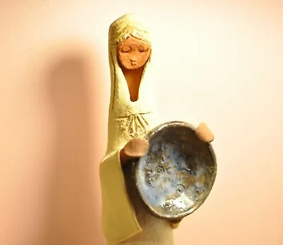 $90 • Buy David Kalderon Israel Earthenware Statue Woman W/ Bowl Pottery Judaica Bezalel