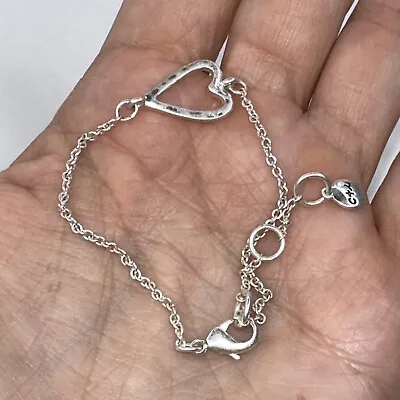 C+I Bracelet Silver Tone Hammered Heart Pendant 7-8  Adjustable Links Bird Logo • $12.29