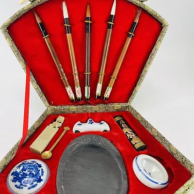 Traditional Asian Chinese Calligraphy Artist Tools Red Ink Brushes VTG Kit Set • $15.95