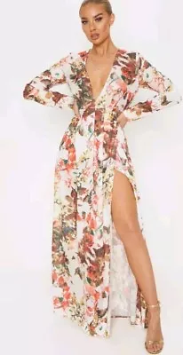 PrettyLittleThing Cream Floral Print Plunge Summer Beach Maxi Dress. Size 10 • £18