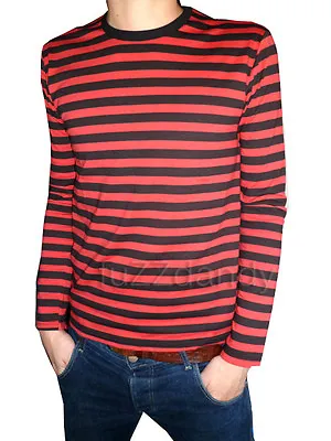 Mens Stripey T-shirt Tee Red Black Nautical Indie Mod Top Striped Preppy Jumper • £19.99