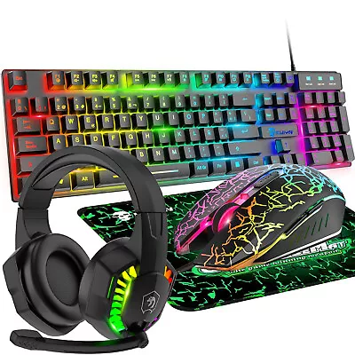 $65.49 • Buy Rainbow Backlit Wired Gaming Keyboard And Mouse Set+Headset USB Mechanical Feel
