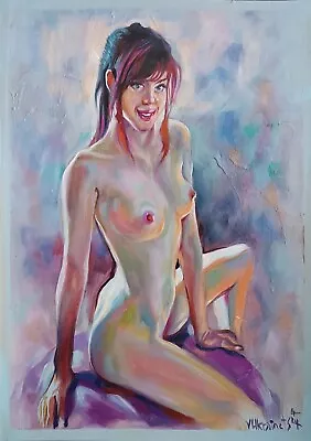 Original Painting A4 Oil Post Impressionism Girl Female NUDE Purple Signed • £84.33