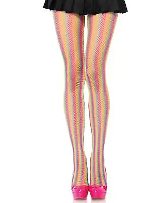 Rainbow Stripe Fishnet Tights Sexy Neon Festival Carnival Club Colourful 9970 • £12.95