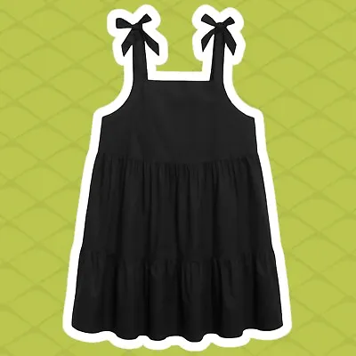 $49.95 • Buy NEW MONKI Black Tiered Pinafore Dress Smock Tie Straps Bows Pinny L (14-16) ASOS