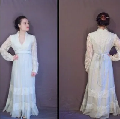 $250 • Buy Vintage 70s Gunne Sax Style Dress, White Blue Floral, Bridal Cottagecore Wedding