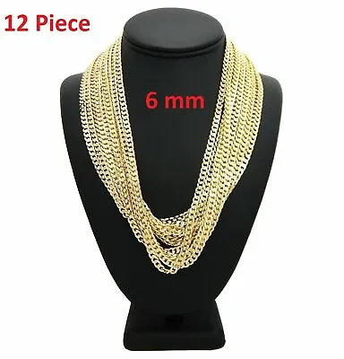 12 Piece 6mm 24  Inch Concave Cuban Link Chain Necklace Gold Plated Wholesale • $66.99