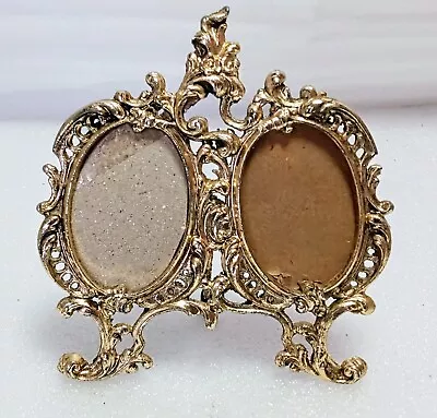 Vtg Regency Metal Gold Tone Ornate Oval Double Picture Frame With Easel Leg Back • $16.99