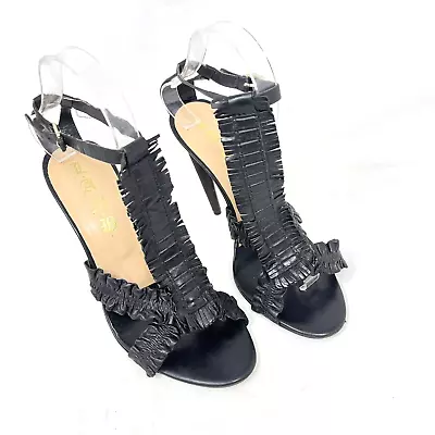 L A M B Heels Womens 8 Strappy Black T Strap Leather High Gwen Stefani Platform • $35