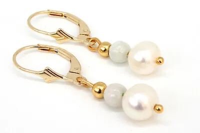 9ct Gold Cultured Pearl And Jade Drop Earrings Leverback Or Hookwire Made In UK • £62.99