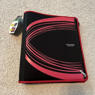 Five Star Mead 2 Inch Zipper Binder 3 Ring Binder Expansion Panel Red & Black • $19.70