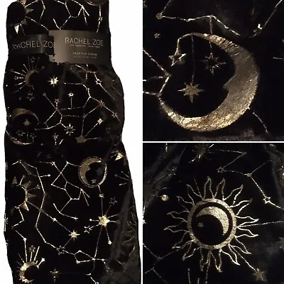 Rachel Zoe Halloween Black Faux Fur Gold Foil Blanket Metallic Celestial ☀️🌙✨ • $64.99