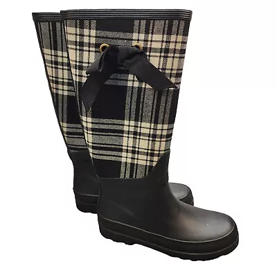 J Crew Rain Boots Women's 7 Tall Garden Mucking Shoe Plaid Black White Rubber • $19.90