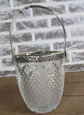 Vintage Ice Bucket Basket Silver Plate Trim Handle Dimond Point Cut Glass • $12.99