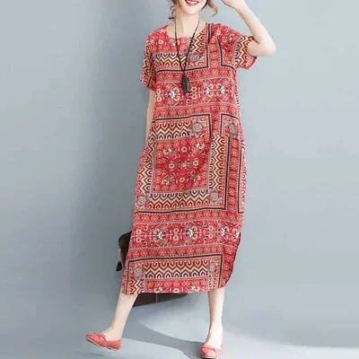 $20.79 • Buy ZANZEA Women Ethnic Style Floral Printed Sundress Short Sleeve Midi Dress Kaftan