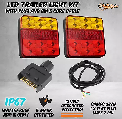 Pair Of 12 LED TRAILER LIGHTS KIT - 1x 7 PIN FLAT PLUG 8M X 5 CORE CABLE 12V • $43.95