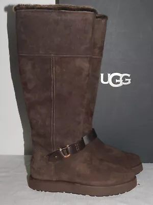 New Womens 6 Dark Roast Ugg Classic Berge Tall Suede Sheepskin Boots 1107209 • $194.95