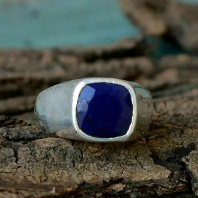 Solid 925 Sterling Silver Blue Sapphire Gemstone Handmade Gift Men's Ring Size • $40.99