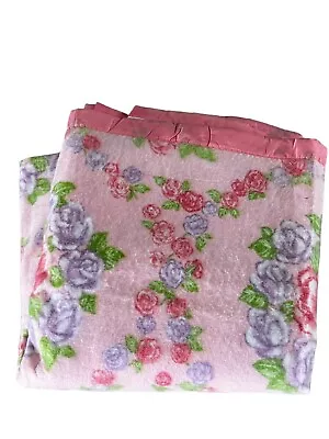 Montgomery Ward Woven Blanket Satin Trim 90'' L X 80'' W Pink Floral Cottage Mod • $50