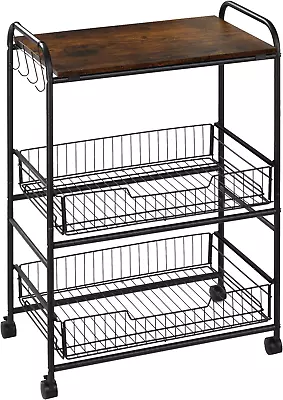 3-Tier Rolling Cart Slim Kitchen Cart With Wheels 2 Sliding Baskets Microwave • $71.88