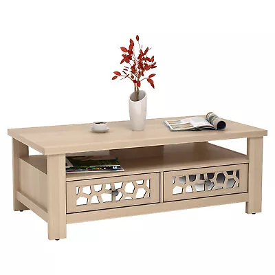 Coffee Table W/2 Drawers & Open Shelf Modern Rectangular Wood Living Room Table • $169.99