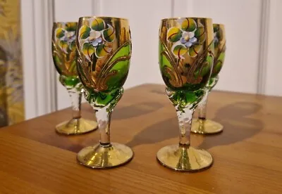 Set 4 Vintage Italian Emerald Green Hand Painted Small Shot Glasses • £22