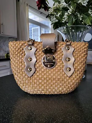 Michael Kors Santorini Raffia Straw Tote Gold Leather Shoulder Bag • $50